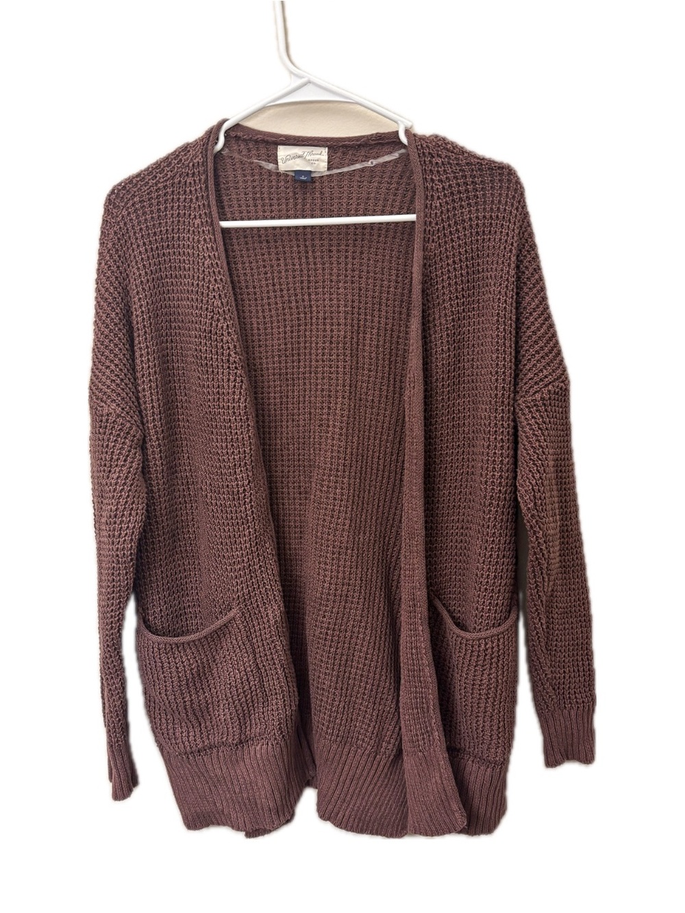 100% Cotton Knit Cardigan Sweater Mauve Open Front Pockets Size S